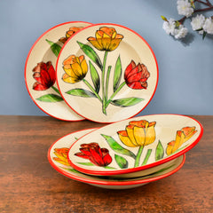 Hand Painted Premium Ceramic Floral Deep Pasta Plates Set Of 4 - Diameter: 9.5 Inches, Multicolor & Off White | Soup Plates - Ceramic Maggi Plates