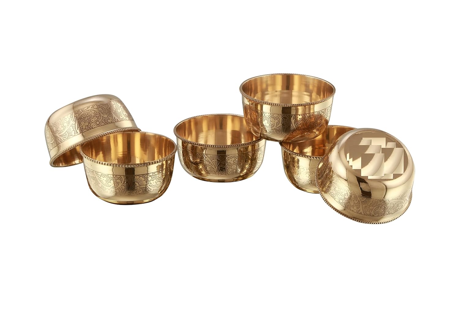 Golden Pure Brass Bowl Set Of 6 - 150ml Each | Embossed Flower Design - Serving Indian Food Bowl Or Katora | Antique Elegant Design