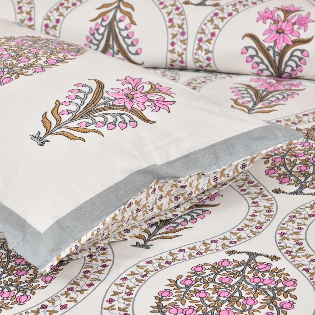 Bedsheet For Queen Bed With 2 Pillow Covers - 90 X 108 Inches, Cream & Pink | Pure Cotton Traditional Jaipuri Printed | Ideal For Both Everyday Use & Special Events