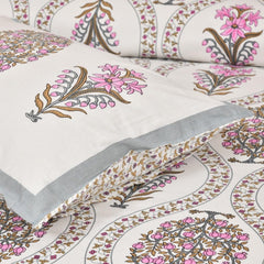 Bedsheet For Queen Bed With 2 Pillow Covers - 90 X 108 Inches, Cream & Pink | Pure Cotton Traditional Jaipuri Printed | Ideal For Both Everyday Use & Special Events