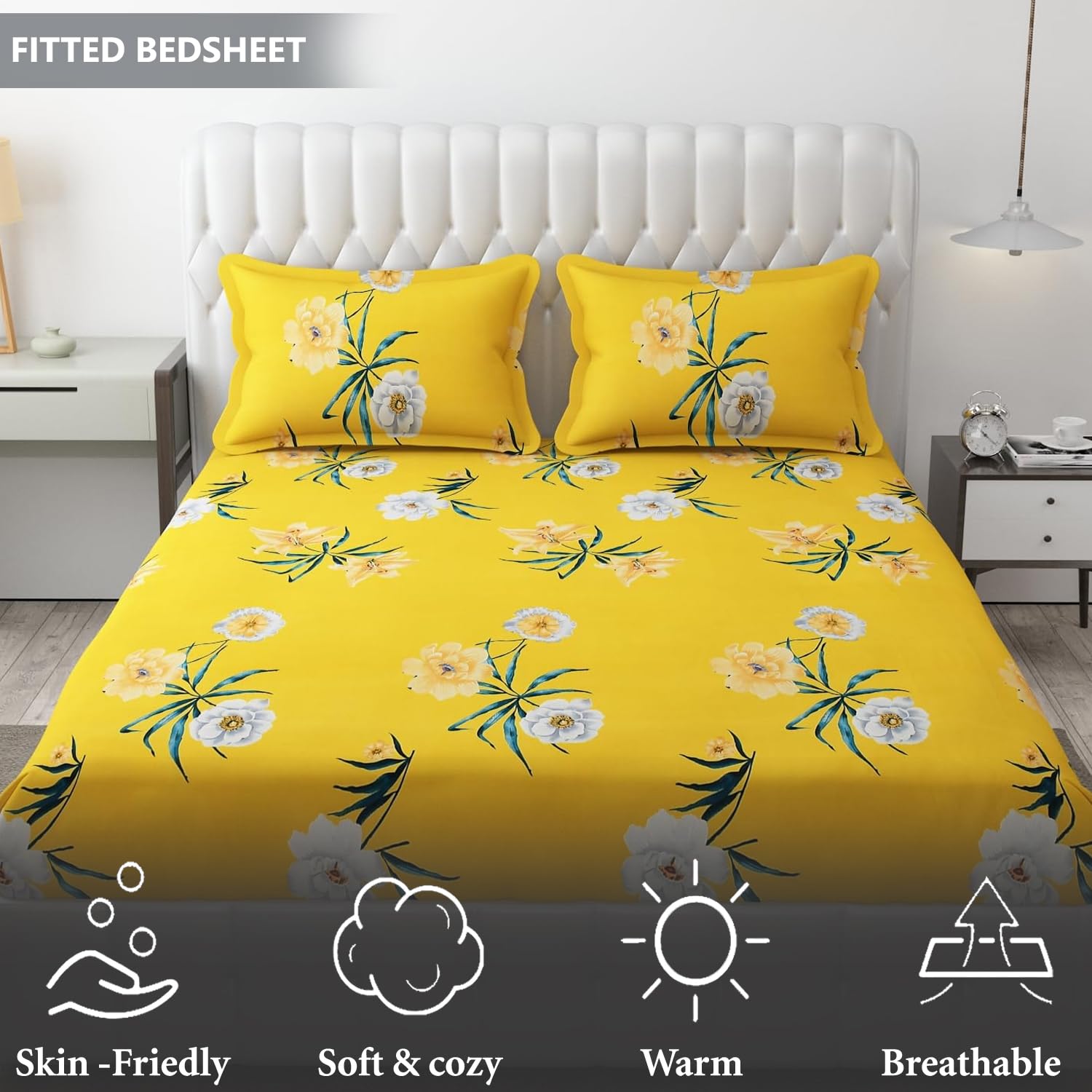 King Size Bedsheet With Two Pillow Cover (Size - 78 X 72 Inches, Yellow & White) | Elastic Fitted Floral Bedsheet | Best For Festival Gifting