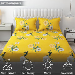 King Size Bedsheet With Two Pillow Cover (Size - 78 X 72 Inches, Yellow & White) | Elastic Fitted Floral Bedsheet | Best For Festival Gifting