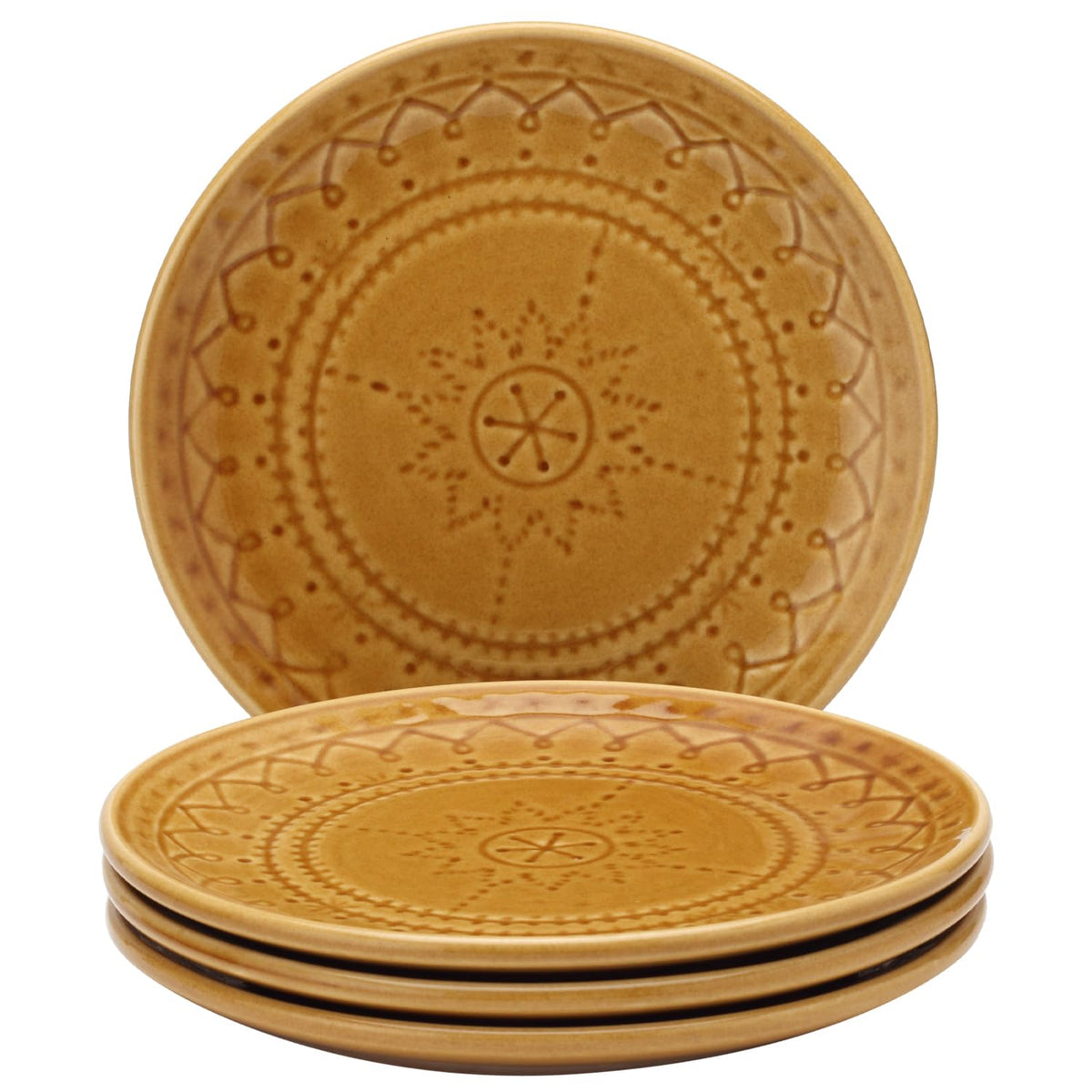 Ceramic Hand Glazed Stoneware Embossed Small Plates Set Of 4 - 7.4 Inch, Golden Brown | Microwave Safe & Dishwasher Safe – Handcrafted Quarter Plates Set