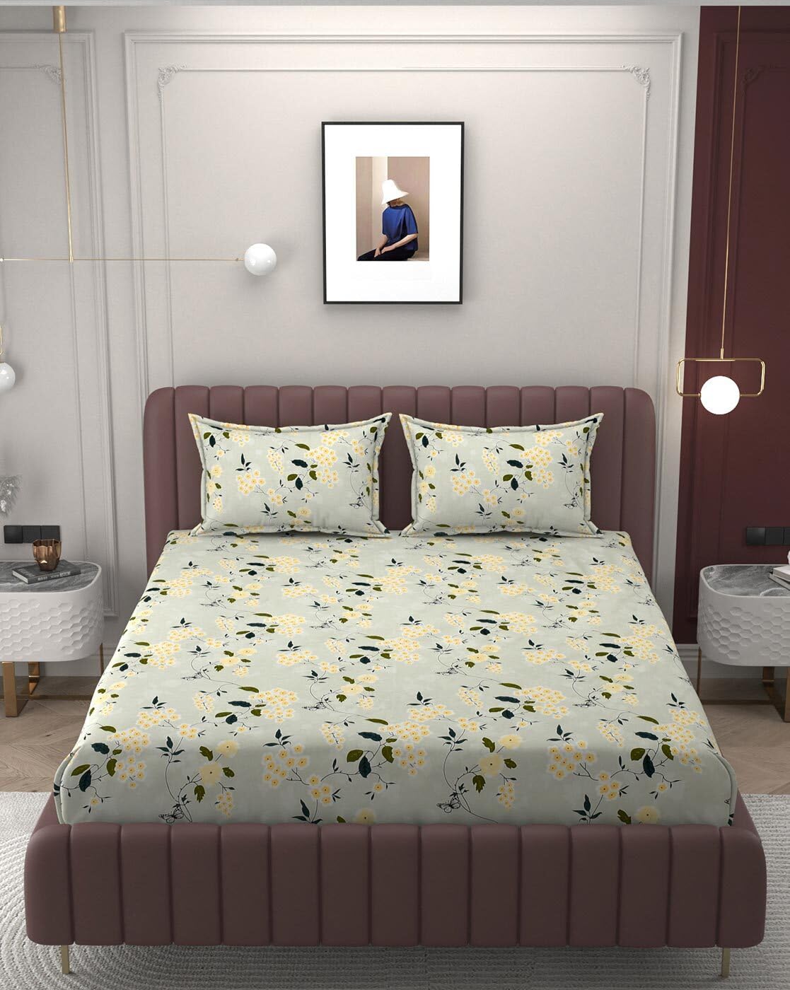 Bedsheet King Size With 2 Pillow Covers (72 X 78 Inches) Green & Yellow | Double Bed With All Around Elastic Fitted - Durable & Long Lasting Wrinkle Resistant Fabric