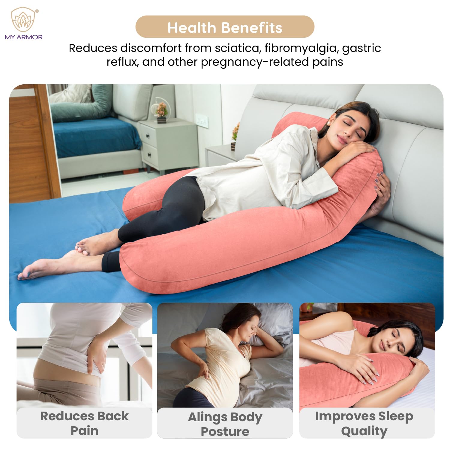 Full Body U Shape Pregnancy Pillow For Women, Maternity Pillow, Peach Color | Abdomen, Hip, Spine, Neck & Head Support Cushion For Pregnant Women | Premium Velvet Outer Cover With Zip