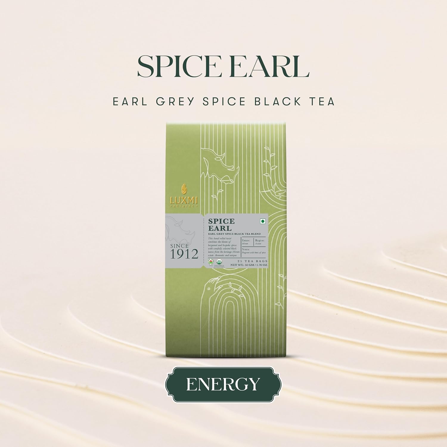 Luxmi Estates Spice Earl Grey Black Tea Blend - 50gm, 1.7 Ounce, 25 Tea Bags | USDA Certified Organic Tea - Caffeinated Herbal Tea | Made With Cinnamon, Cardamom, Cloves, Black Pepper