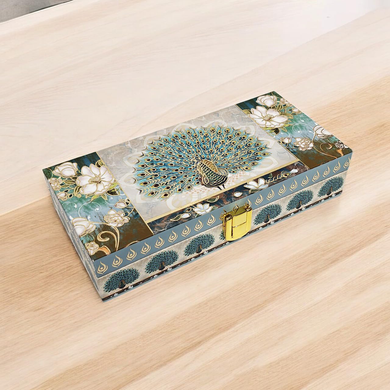 Peacock Design Gold Print Matt Touch Mgi Floral Decorative Box, Wedding Fancy Shagun Cash Box, Jewellery Box, Money Box, Gaddi Box, Material - Wood