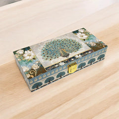 Peacock Design Gold Print Matt Touch Mgi Floral Decorative Box, Wedding Fancy Shagun Cash Box, Jewellery Box, Money Box, Gaddi Box, Material - Wood