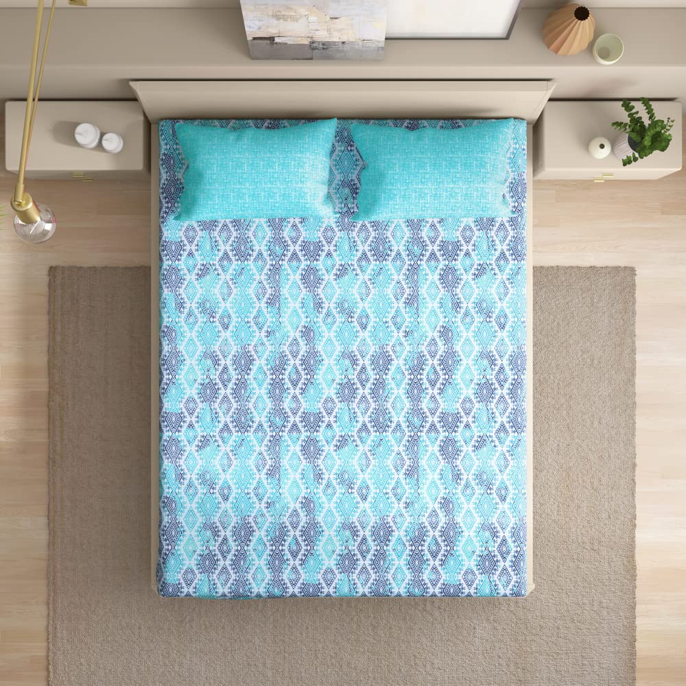 100% Cotton Double Bedsheet For Queen Size With 2 Pillow Covers 72 X 60 Inches, Sky Blue | Durable & Long Lasting - All Around Elastic Fitted Sheet