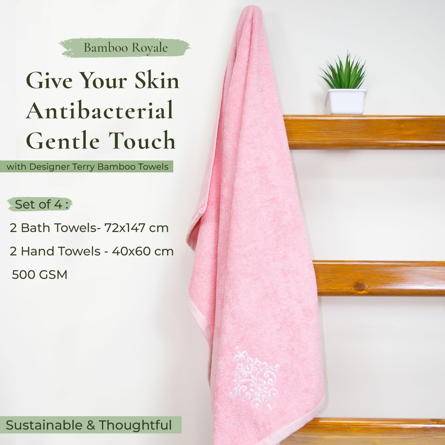 Rangoli 100% Bamboo 2 Bath & 2 Hand Towels 850 Gsm | Large Size Ultra Soft, Quick-Absorbent & Eco-Friendly Towels - Peach