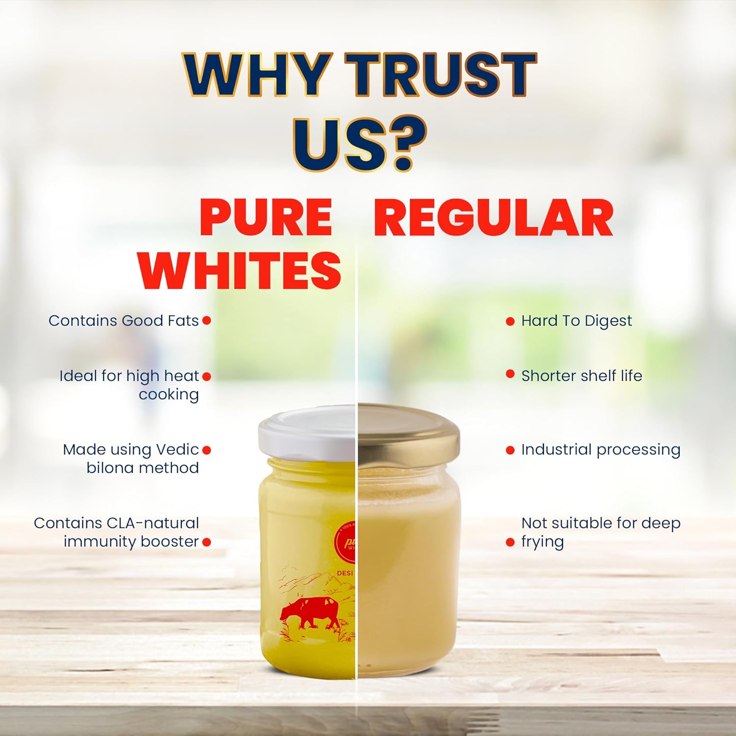 Premium Desi (Buffalo) Ghee By Pure Whites | Homemade Fresh Ghee Using Traditional Vedic Bilona Method | (200ml) 6.7 Ounce | Jar Pack