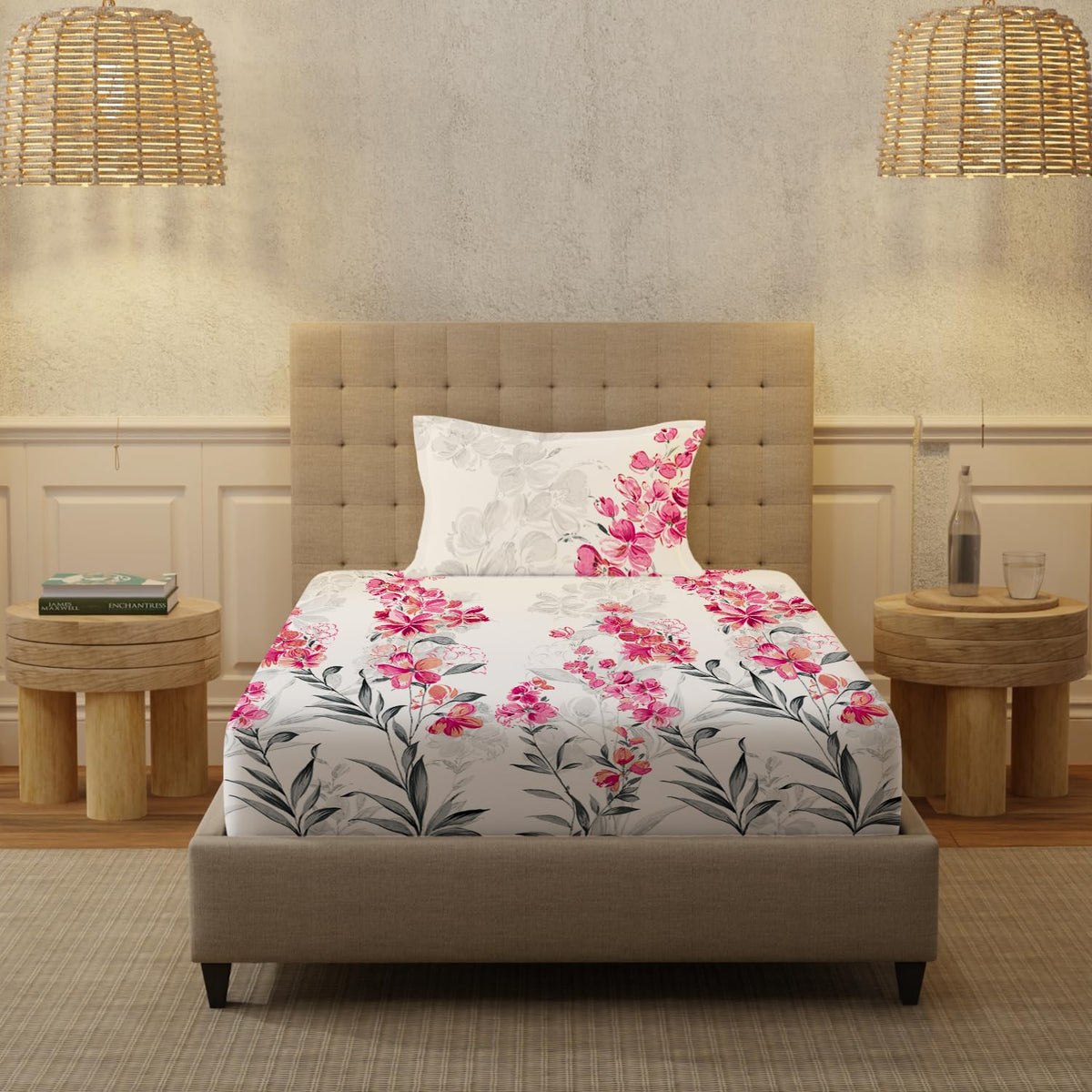 Bedsheet For Single Bed With 1 Pillow Cover | 58 X 90 Inches, White & Pink - 200 Thread Count Soft & Comfortable | Ideal For Bedroom, Guest Room, House