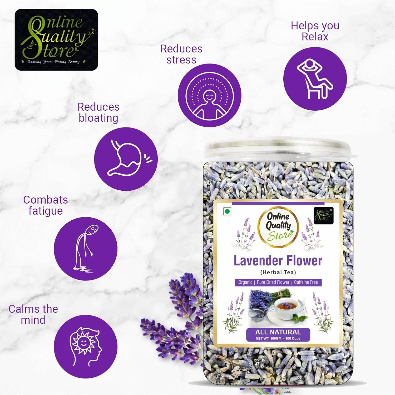 Online Quality Store Lavender Flower Herbal Tea - 100gm, 3.5 Ounce, 100 Cups | Organic Pure Dried Flower Iced Tea - Improves Skin Quality | Caffeine Free