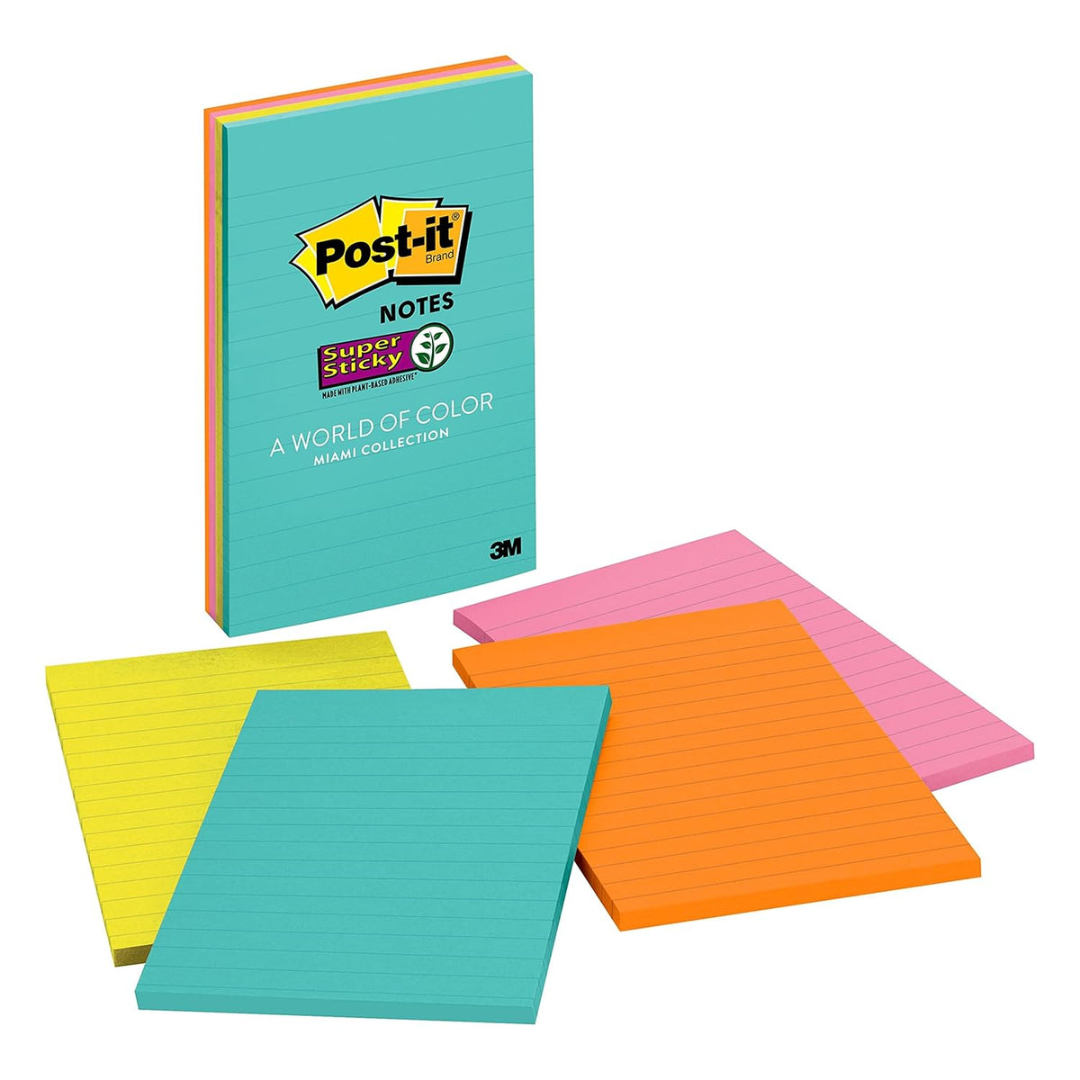 Super Sticky Notes, 4" X 6", Miami Collection, 4 Pads Per Pack, 45 Sheets Per Pad, Lined