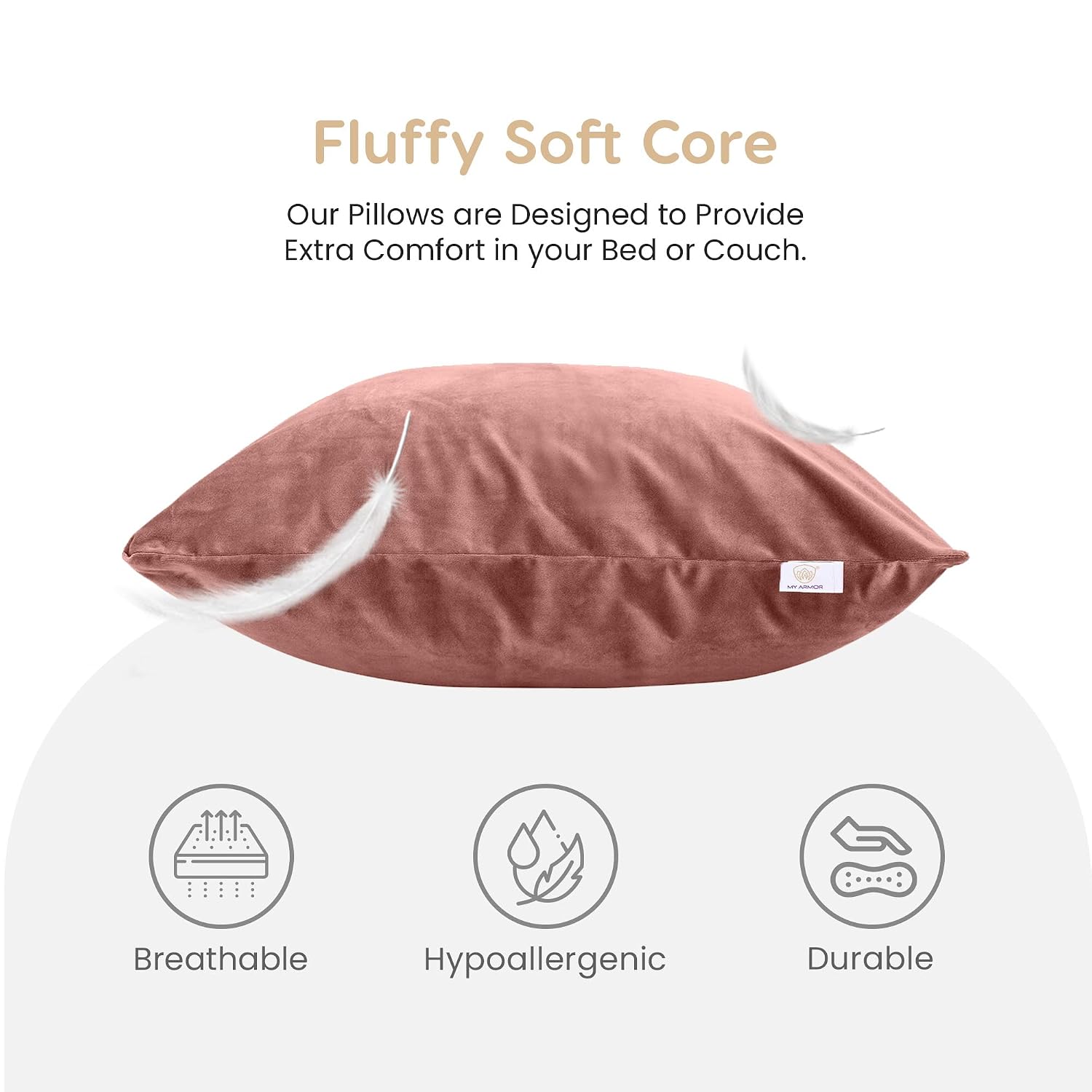 Microfiber Square Soft Pillow Cushion For Sofa & Bed, Peach - 24 X 24 Inch | Fluffy Pillow For Comfort & Back Support | Breathable, Washable | Premium Velvet Outer Cover With Zip - Pack Of 1