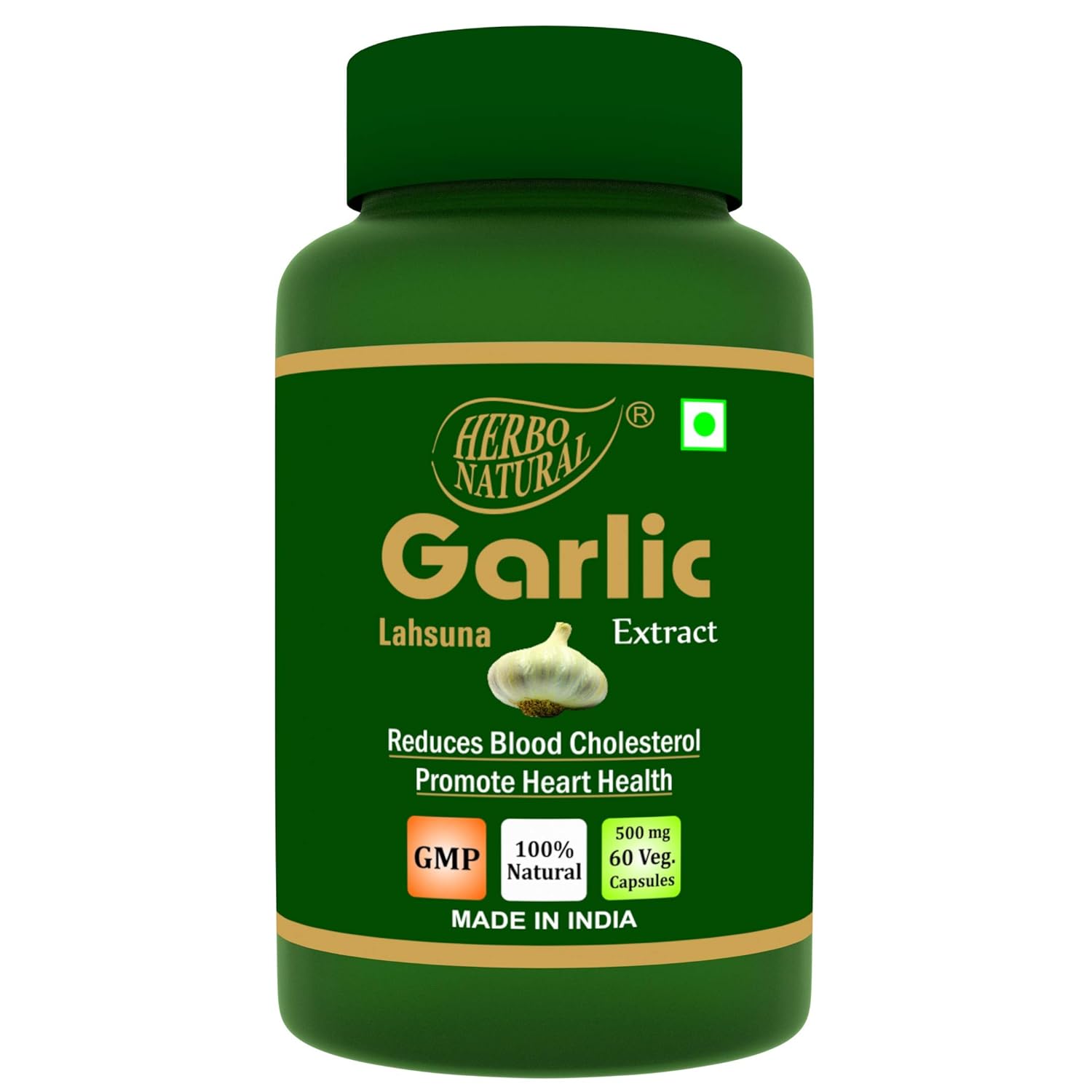 Herbo Natural Garlic Extract 500mg, Supports The Management Of Helicobacter Pylori Infections, Promoting Gastrointestinal Well - Being | 60 Veg Capsules 100gm 0.2lbs