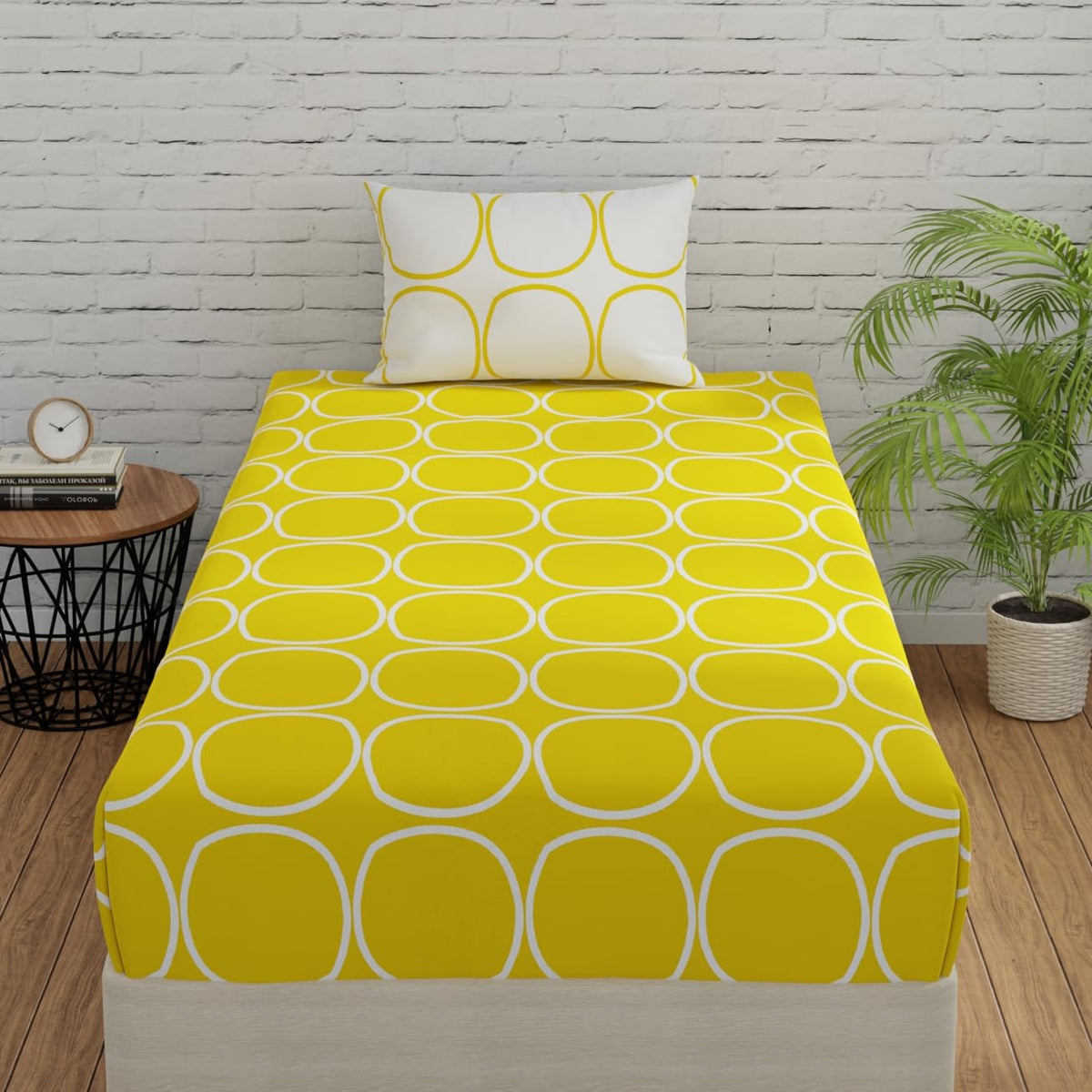 Single Bed Sheet Size - 55 X 88 Inches With 1 Pillow Covers, Yellow & White | Wash Dark Colors Separately | Lightweight, Soft, & Comfortable Bedsheet