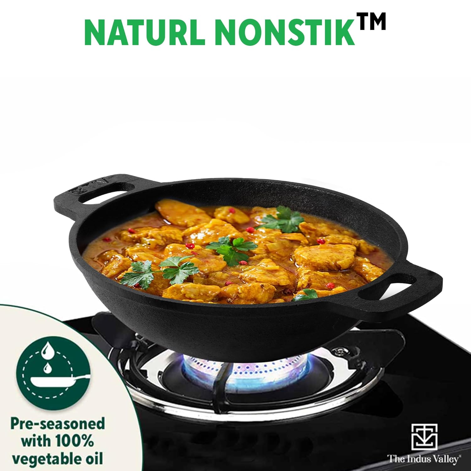 Pre-Seasoned Black Cast Iron Kadai With Flat Handle - Medium, 25.6cm, 10 Inch, 2.4 Liters, 2.5 Kg | Naturally Nonstick Wok Model Kadhai, 100% Pure & Toxin-Free, No Chemical Coating