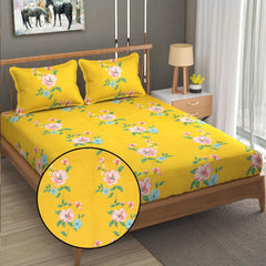 Printed Double Bedsheet With 2 Pillow Cover - 72 X 78 X 6 Inches, Yellow | All Around Elastic Fitted Bedsheet | Super Soft Polycotton With 200 Thread Count