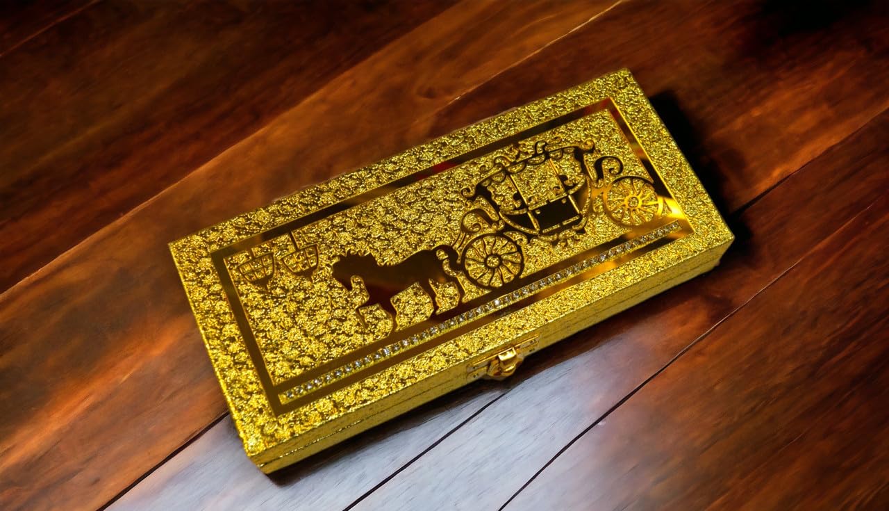 Premium Decorative Designer Mdf Golden Gifting Cash Box, Shagun Box, Jewellery Box, Money Box, Gaddi Box 20x8.5x4cm, Embossed Horse, Pack Of 1, Material - Wood