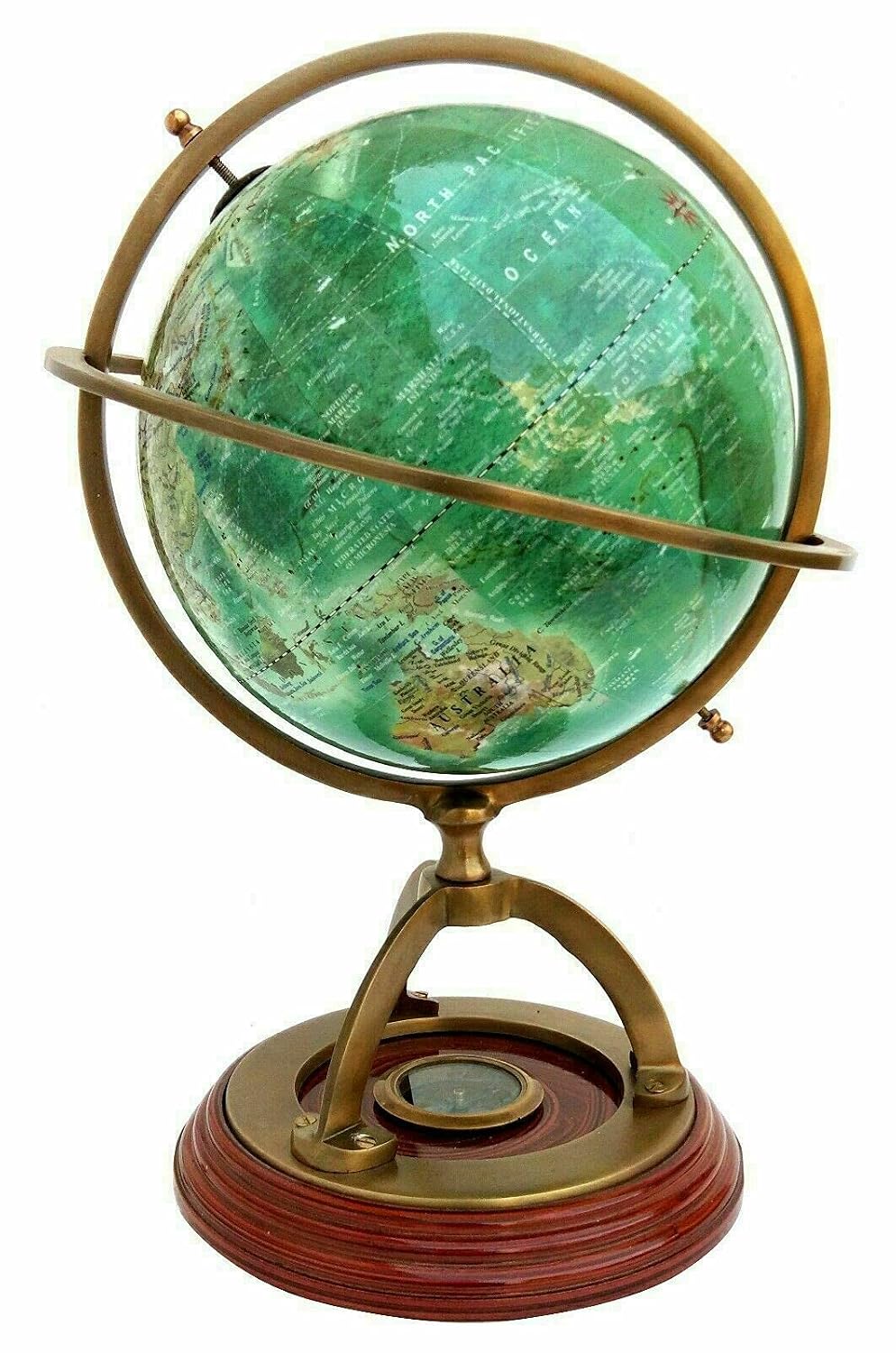 Antique Nautical Brass World Globe 14'' Tall Collectible Table Top With Compass For Kids & Students Learning & Gifting, Green, Pack Of 1