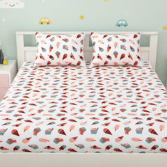 Pure Cotton Kids Bedsheet Double Bed Queen Size With 2 Pillow Covers | 90 X 100 Inches, White & Orchid Pink | Fun Cartoon Theme, Soft & Breathable Fabric