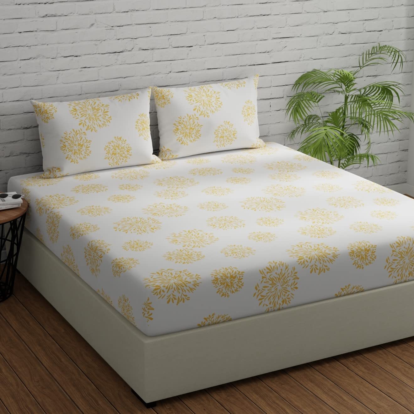 Flat Bedsheet For Double Bed With 2 Pillow Covers - 88 X 96 Inches, White (Yellow Print) | Comfort Fabric Bedsheet Home, Hotel & Guest House