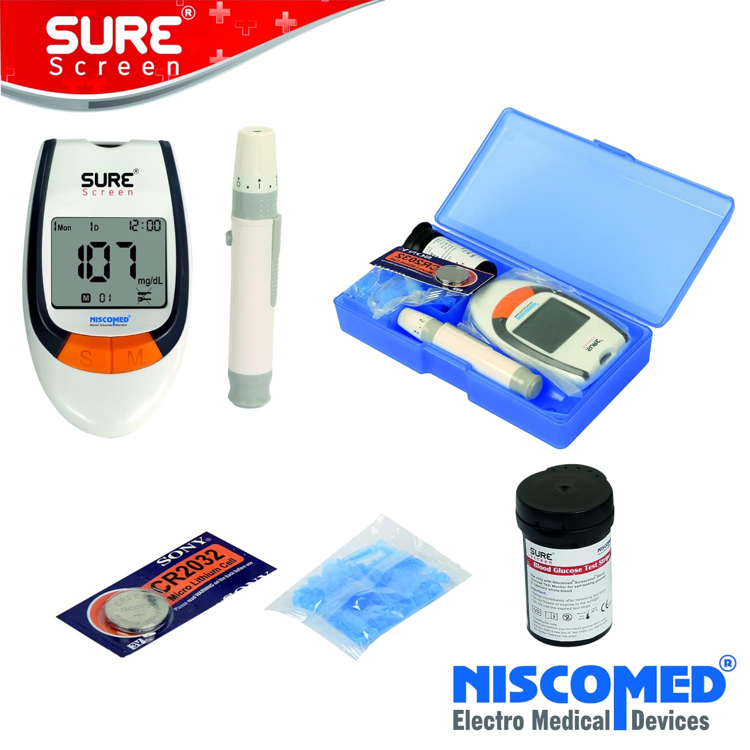 Niscomed Sure Screen Blood Sugar Checking Glucose Monitoring System With 125 Strips Glucometer (White)