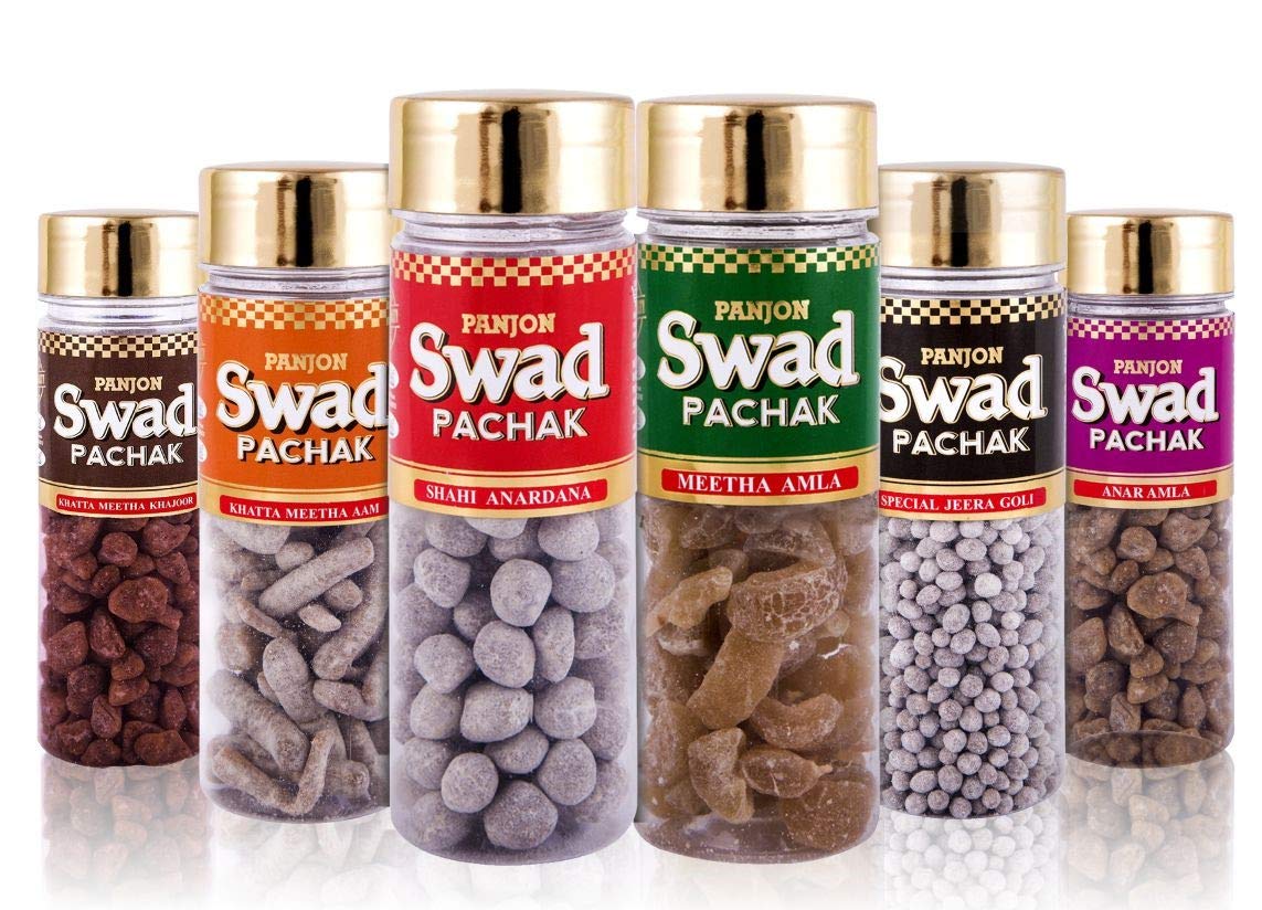 Panjon Swad Mouth Fresheners Anardana Goli, Meetha Amla, Khajoor, Anar Amla, Jeera Goli, Khatta Meetha Aam Papad Mukhwas 840gm, (140gm *6 Bottles)