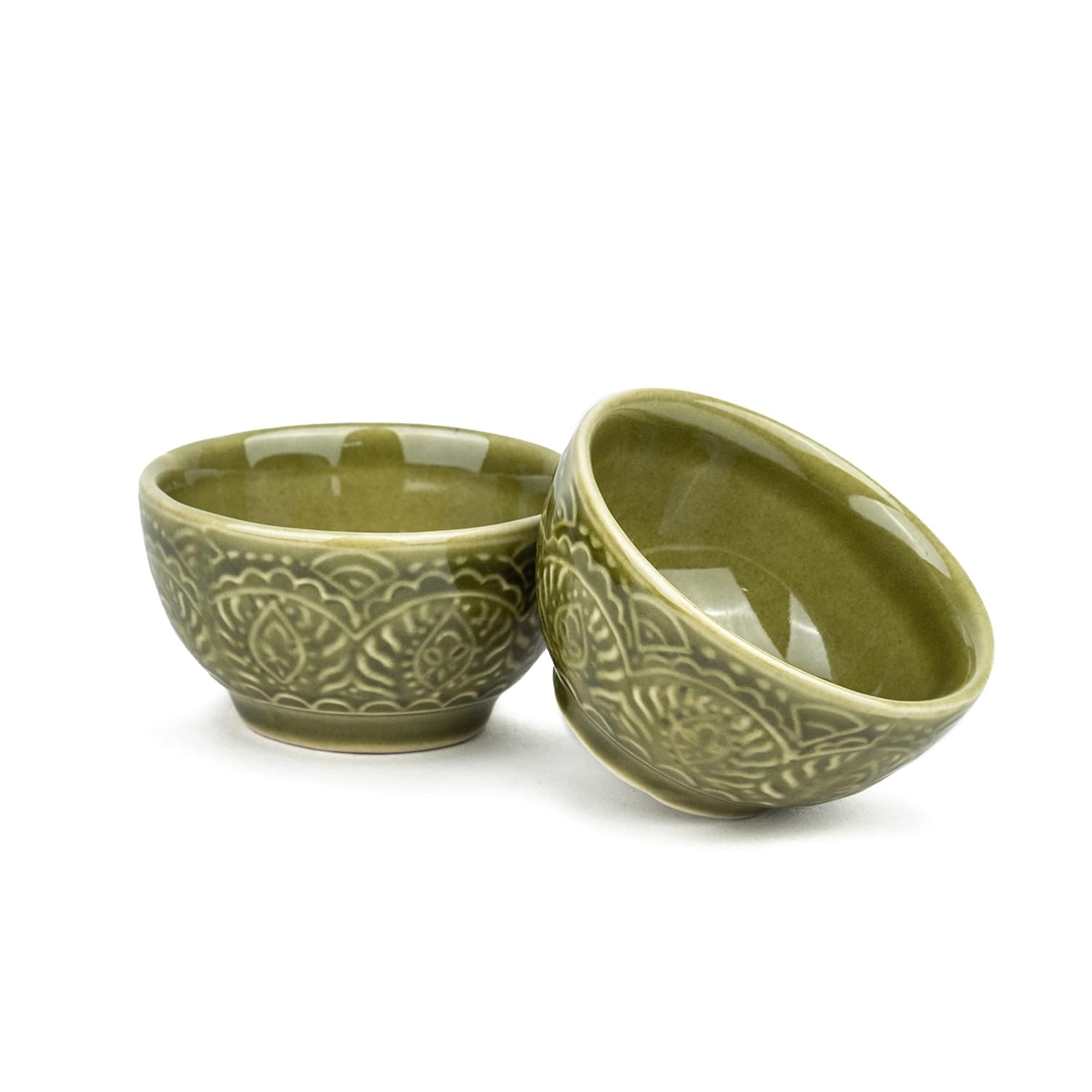 Ceramic Carving Veg Bowls Set Of 6 For Dinner - 160ml Each, Mehndi Green | Katori Set - Ceramic Bowls With Glossy Finish | Dessert Bowl Set - Ice Cream Bowls