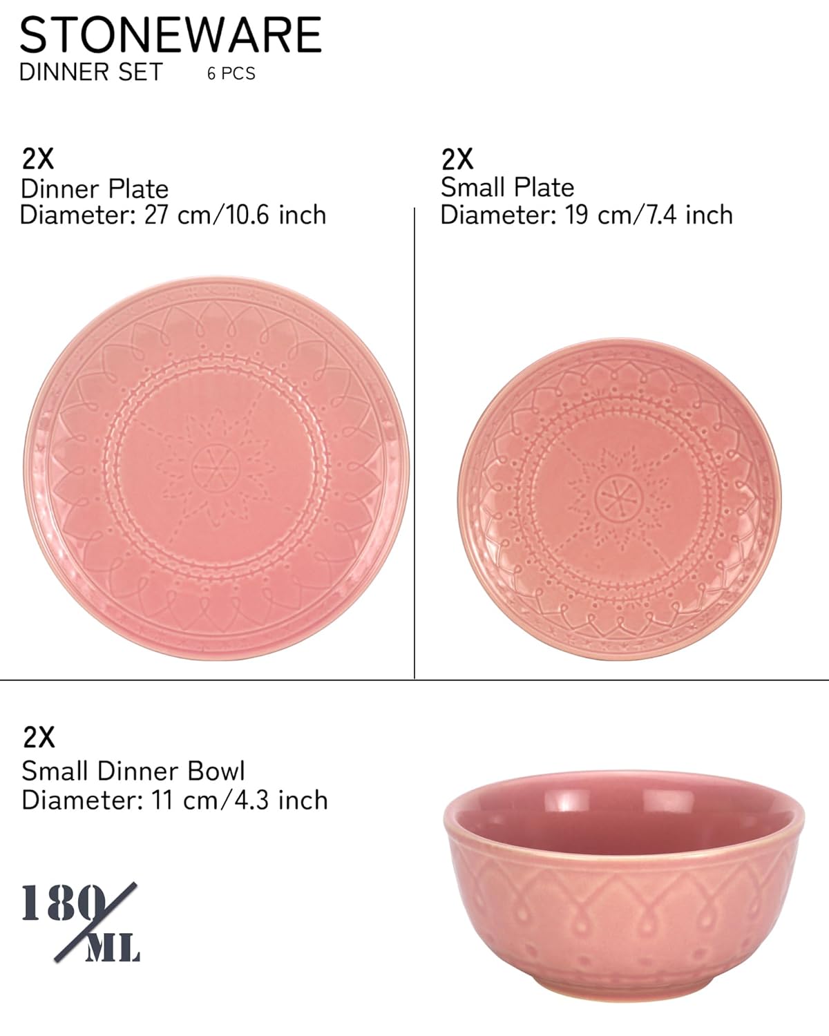 Handcrafted Stoneware Embossed Ceramic Dinner Set Of 6 Pcs - Light Pink | 2 Dinner Plates+ 2 Small Plates+ 2 Small Bowls, 180ml Each - Microwave & Dishwasher Safe | Serving For 2