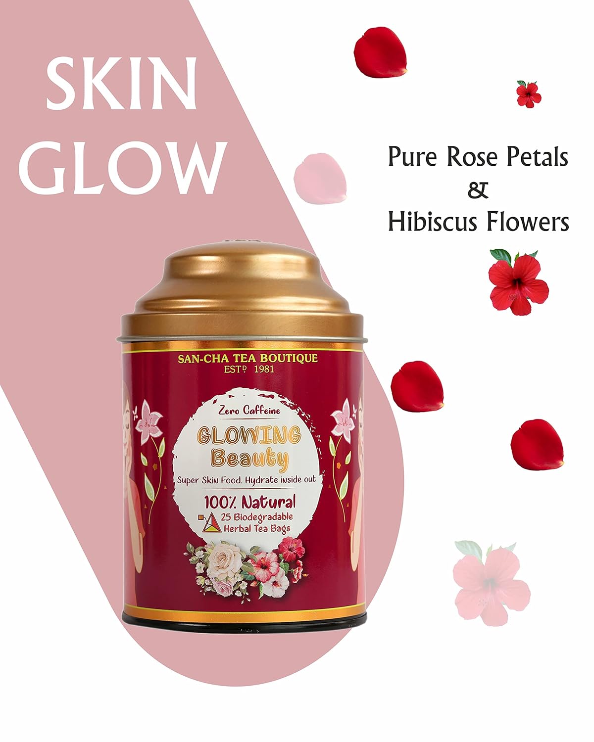 San-Cha Glowing Beauty Herbal Tea - 25 Biodegradable Herbal Tea Bags | Super Skin Food, Hydrate Inside Out - Zero Caffeine | Promotes Skin Detox & Skin Rejuvenation