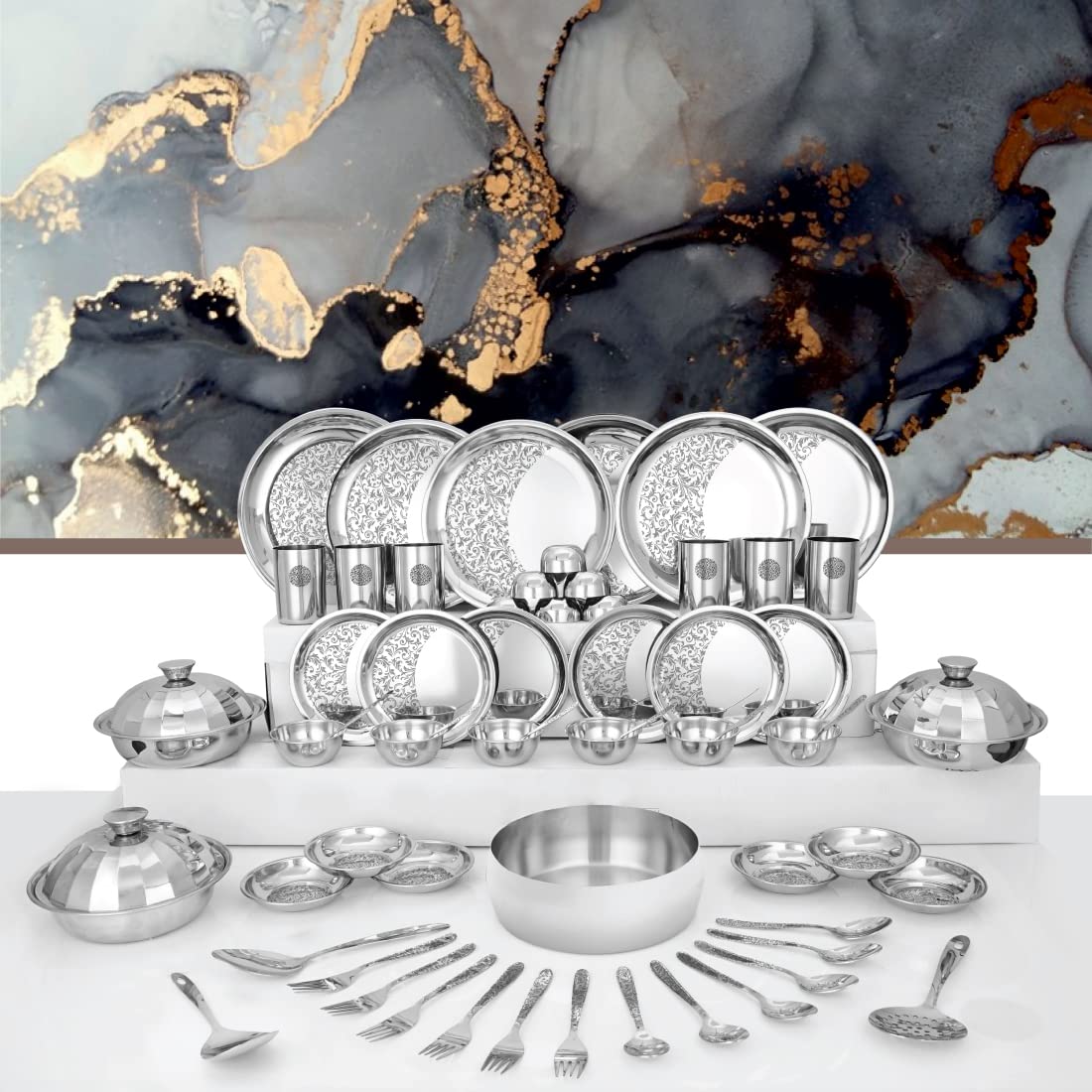 Designer Stainless Steel Delight Laser Bloom Dinner Set Of 61 Pieces, Silver | Dishwasher Safe & Easy To Clean
