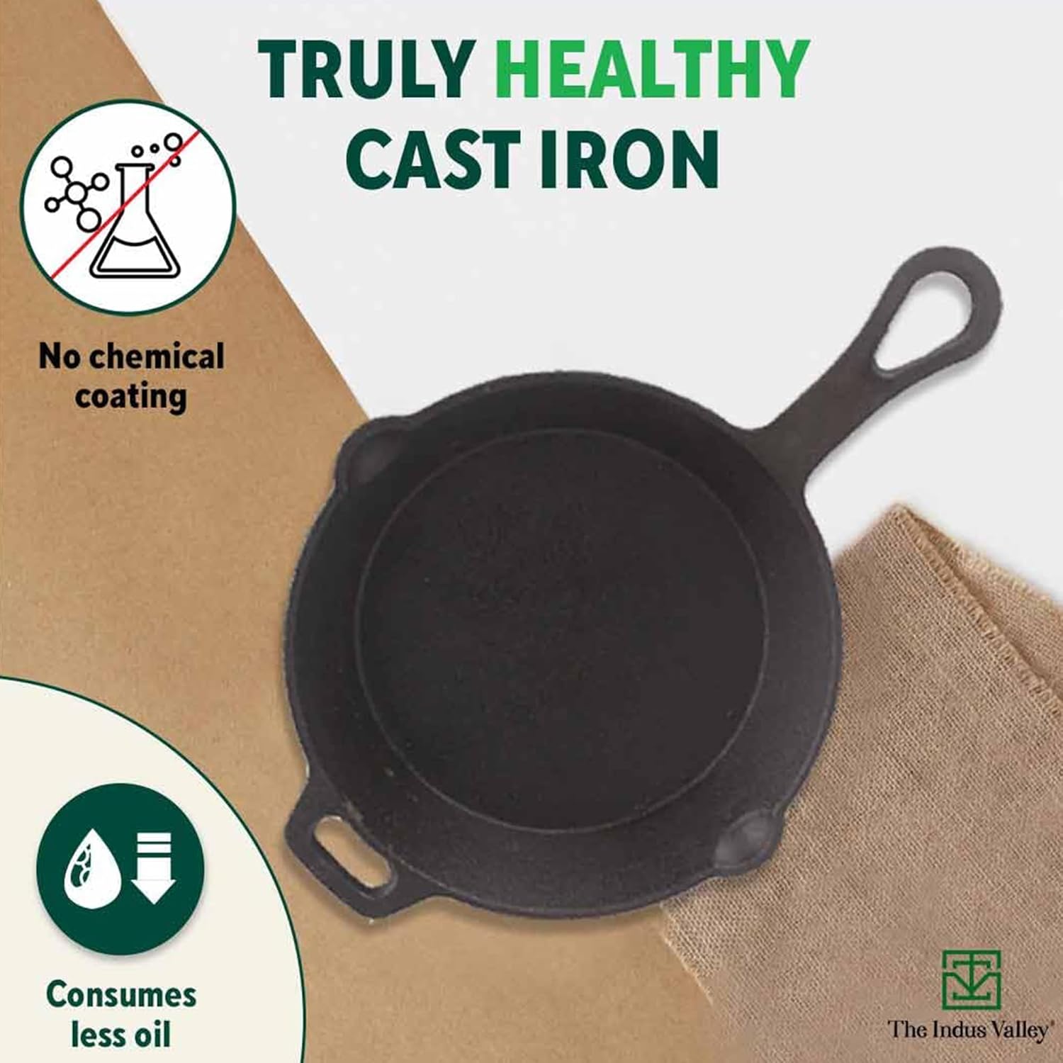 Pre-Seasoned Black Cast Iron Shallow Fry Pan With Long Loop Handle - Medium, 23cm, 9 Inch, 1.4 Ltr, 2.4 Kg | Induction Friendly, Nonstick Fry Pan, 100% Pure & Toxin Free, No Chemical Coating