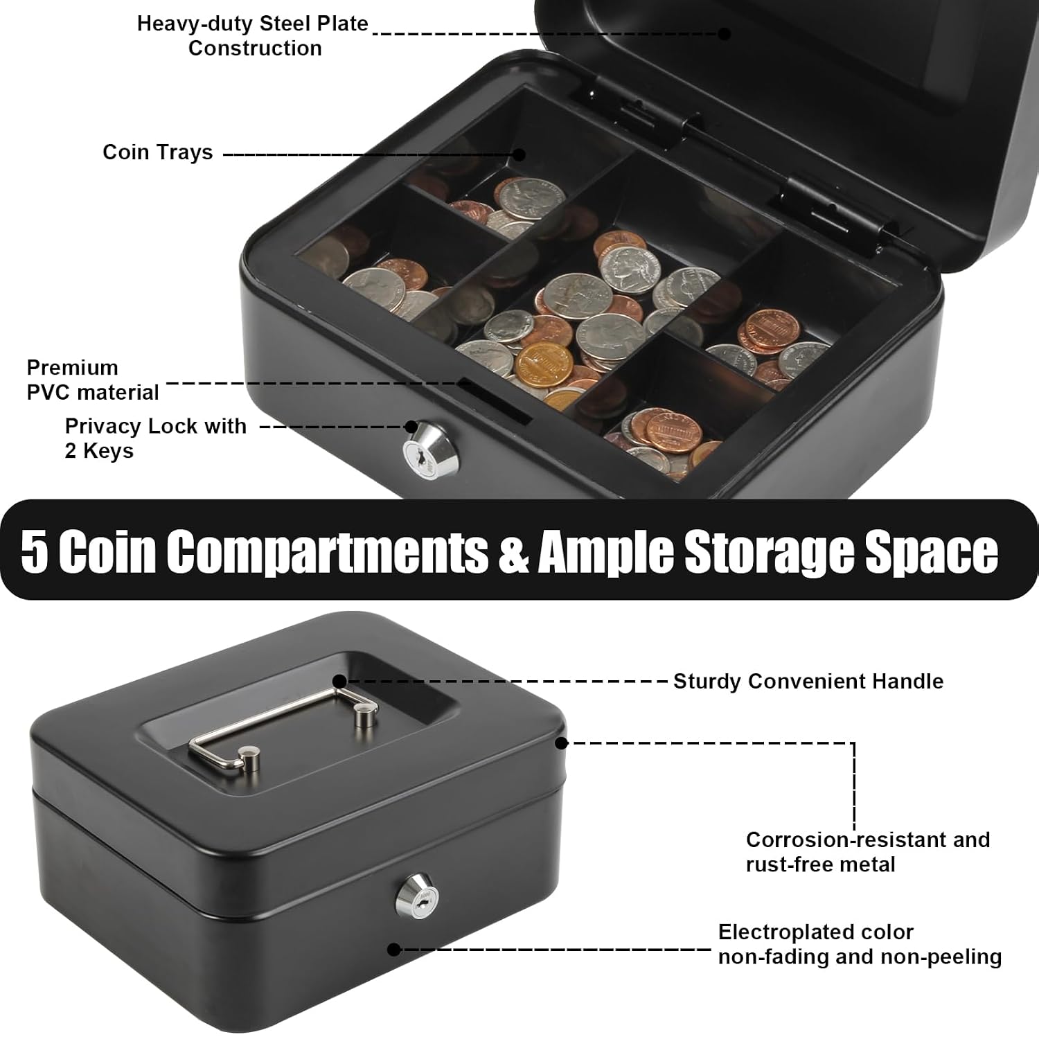 Cash Box Metal Money Box With 4 Bill 5 Coin Cash Tray Coin Compartment And Key Lock, 11.8l X 9.5w X 3.5h Inches, Colour - Black