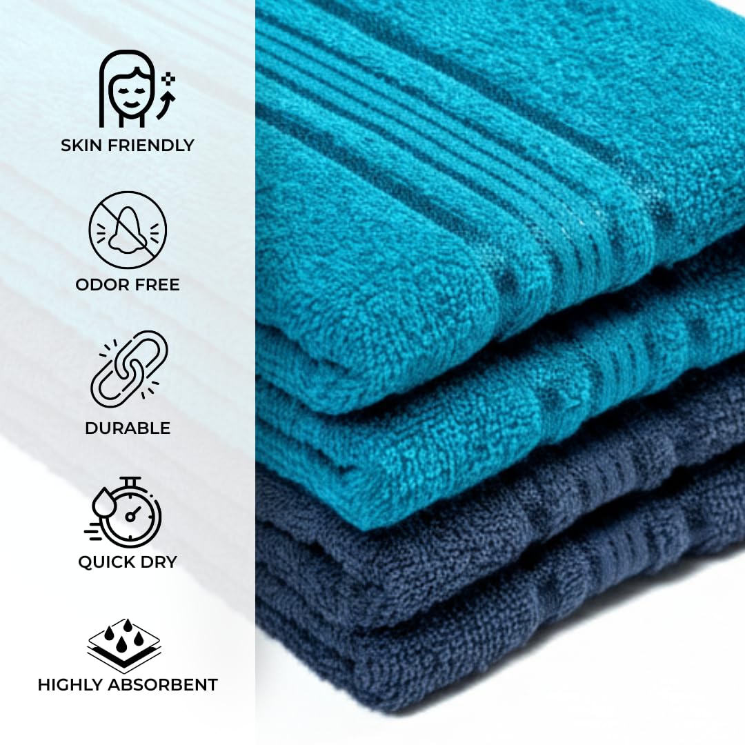 Akiko Home 100% Cotton Essential Series Hand Towels 800 Gsm | Soft, Absorbent & Durable, Cotton Hand Towel For Bathroom Use, Gentle On Skin- Pack Of 4 (Teal & Navy)