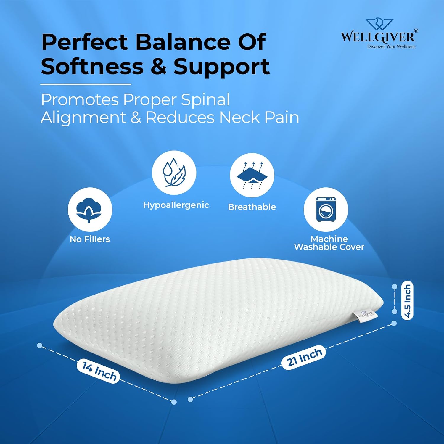 Ergonomic Memory Foam Pillow For Neck Pain Relief - 21 X 14 X 4.5 Inch | Orthopedic Pillow For Side, Back Sleeping | For Head Pain Relief, Washable Jacquard White Cover - Pack Of 1