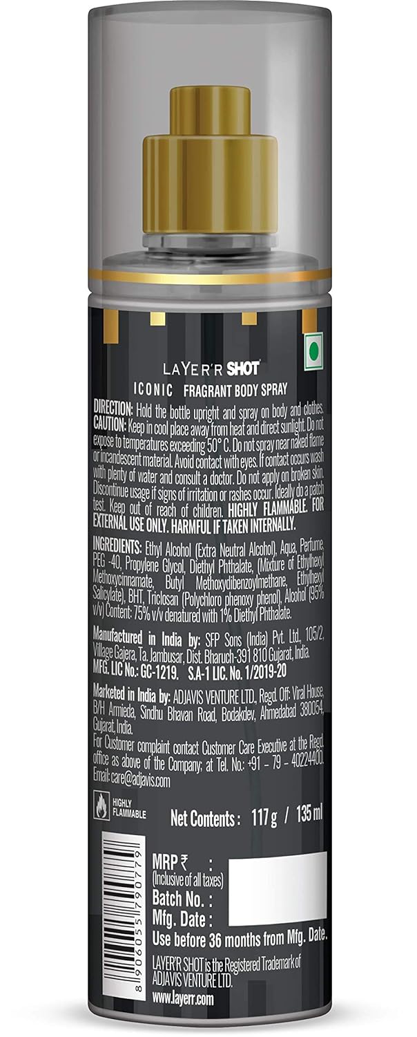 Layer'r Shot Gold Iconic Fragrant Body Spray 135ml 4.56 Fl.oz. | Long Lasting Fresh Fragrance For Men