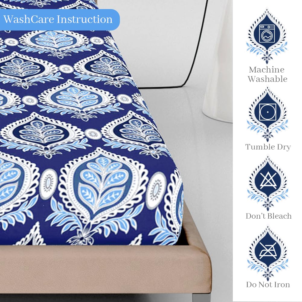 Double Bedsheet For Queen Size With 2 Pillow Covers - 60 X 78 Inches, Blue & White | All Around Elastic Fitted Soft, Lightweight & Breathable Cotton Bedsheet