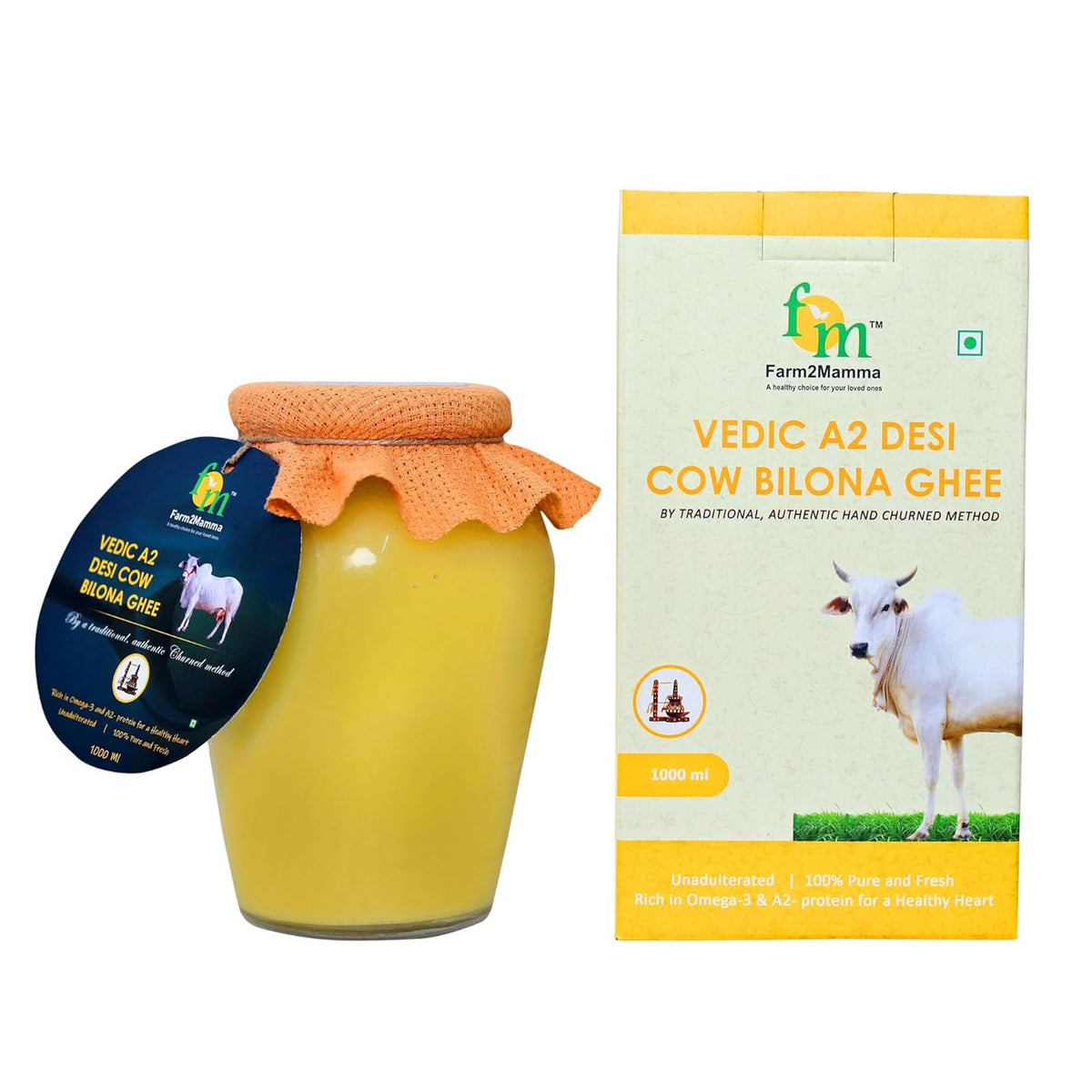 Organic Natural Vedic A2 Desi Cow Bilona Ghee By Farm2Mamma | Natural & Healthy Nutrients A2 Grass Fed Cultured Ghee For Boost Immunity | (1 Litr) 33.8 Ounce | Jar Pack