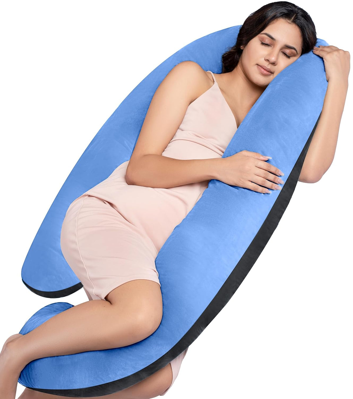 Full Body G Shape Pregnancy Pillow For Women, Maternity Pillow, Black & Sky Blue | Pillow Gift For Pregnancy Sleeping, Premium Velvet Cover With Zip | Adjustable & Washable Pillow