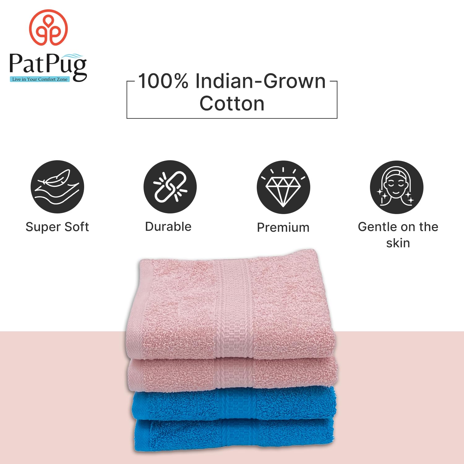 Patpug 100% Indian Ultra Soft Cotton Hand Towel 500 Gsm | For Gym, Workout, Yoga, Wash Basin (Turqoiuse Blue & Baby Pink) -4 Piece