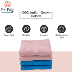 Patpug 100% Indian Ultra Soft Cotton Hand Towel 500 Gsm | For Gym, Workout, Yoga, Wash Basin (Turqoiuse Blue & Baby Pink) -4 Piece