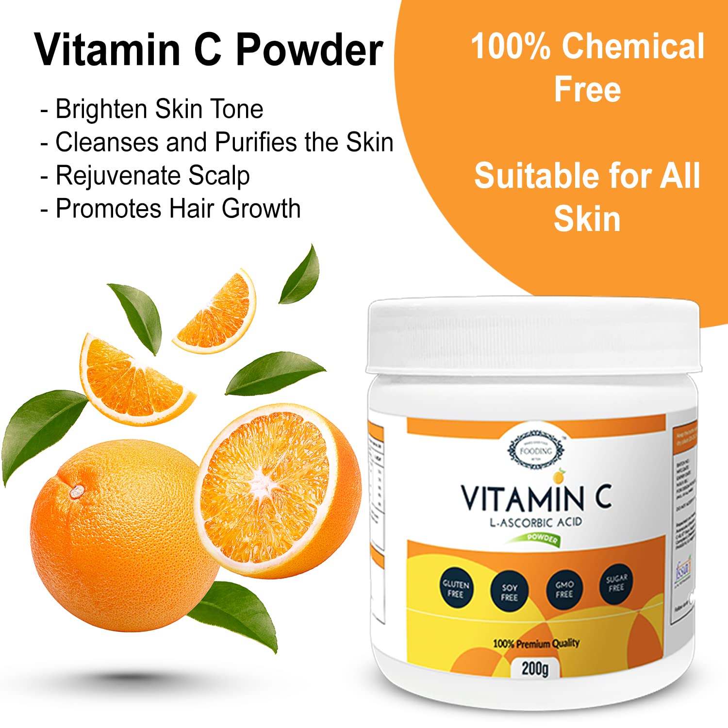 Fooding 100% Pure Organic Vitamin C Powder (L- Ascorbic Acid), Immunity Booster, Skin Cell Protection, Skin Care Serum Making, Collagen Booster | 200gm 0.4lbs
