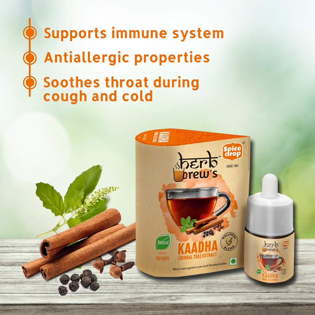 Spice Drop Kaadha Herbal Tea Extract - 180 Cups, 5ml, 0.1 Fl.Oz. | Contains Black Pepper, Clove, Cinnamon, Ginger & Tulsi - Chai Masala Drops | No Preservatives, Gluten Friendly, Keto Friendly