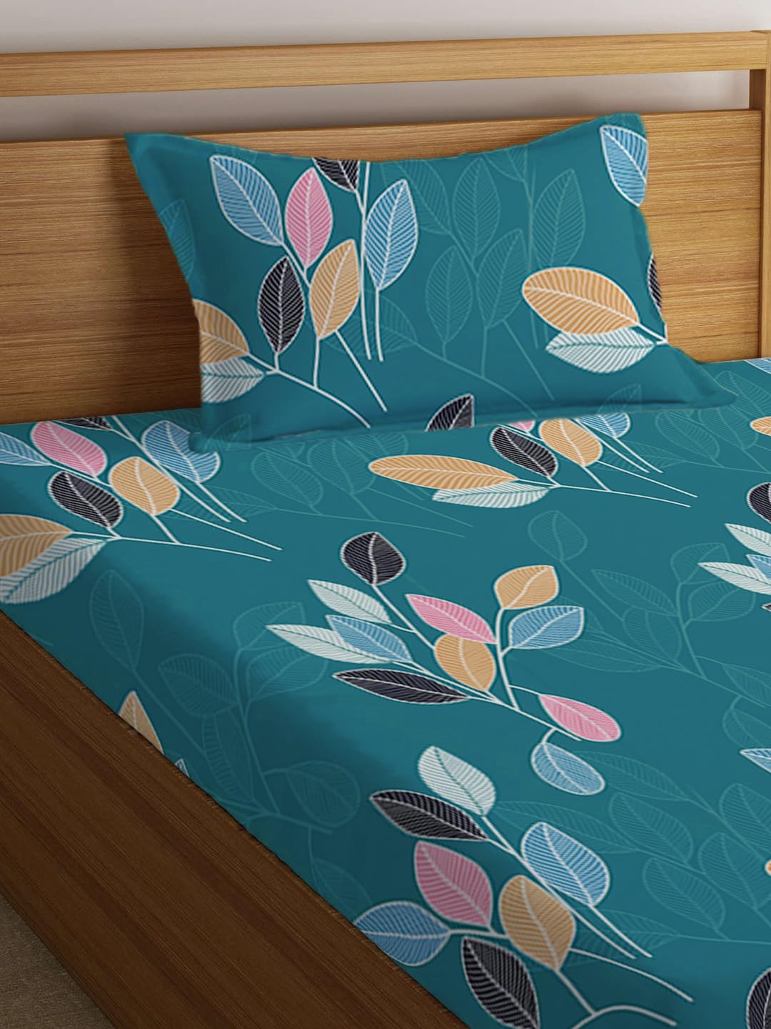 Jaipuri Single Bedsheet With 1 Pillow Cover - 42 X 75 X 8 Inches, Green | Super Soft Premium Brushed Glace Cotton | Breathable & Wrinkle-Free | Elastic Fitted Bedsheet