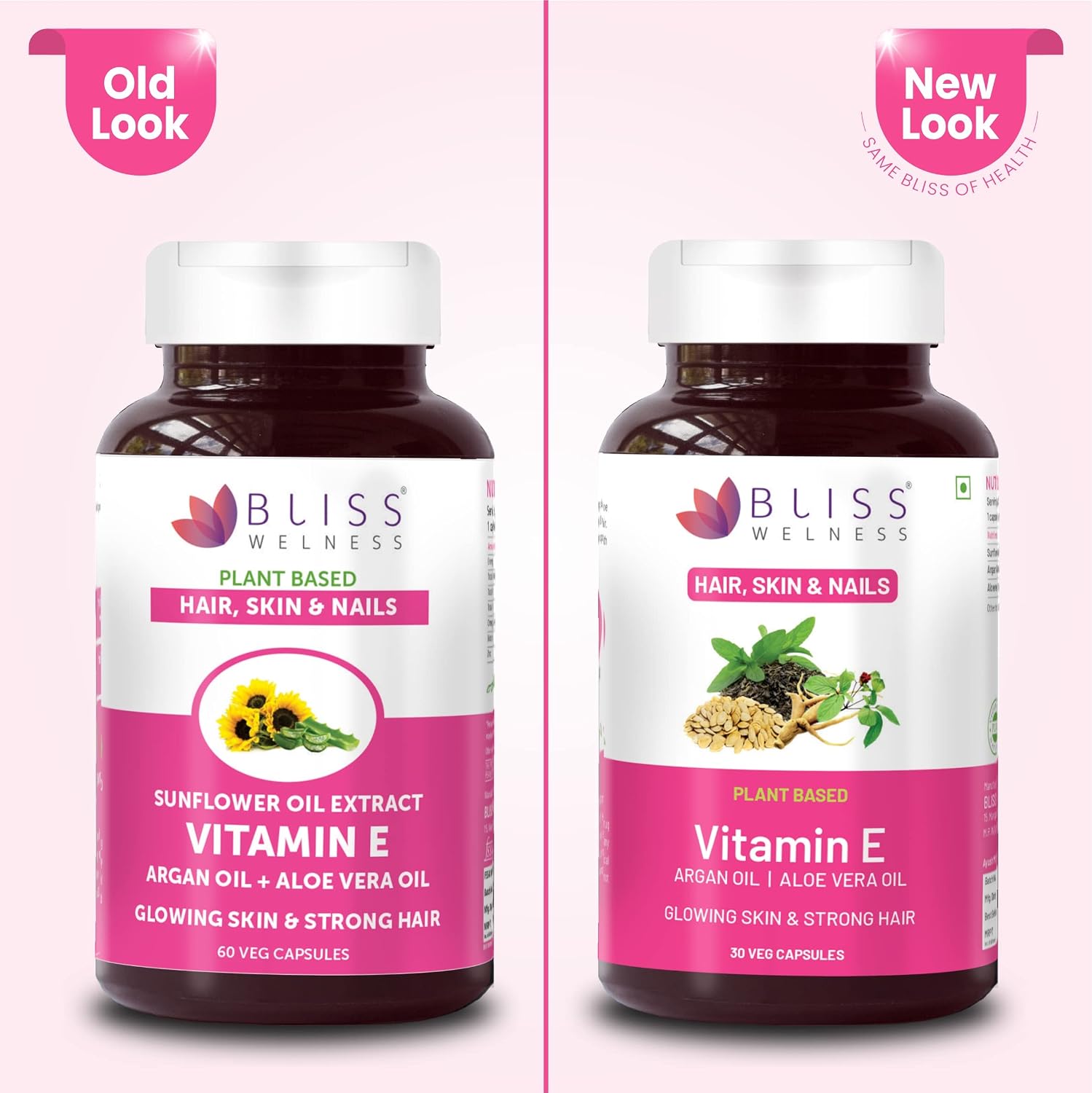 Bliss Welness Plant Based Natural Vitamin E, Sunflower Oil Extract, Argan Oil Extract , Aloevera Extract | Pure Skin Hair & Face Care Health Supplement | 30 Vegetarian Capsules 50gm 0.1lbs
