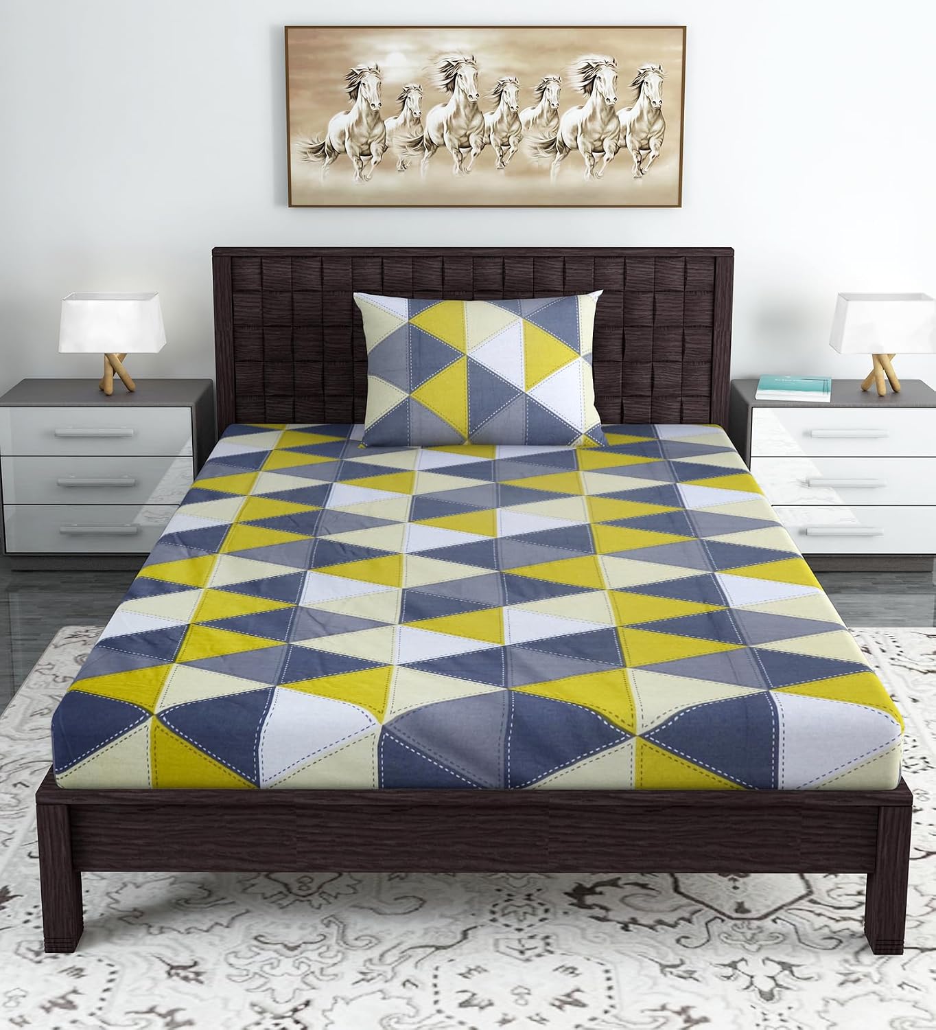 Bedsheet For Single Size Bed With 1 Pillow Cover - 57 X 87 Inches, Grey & Yellow | Gifts For Wedding Or Anniversary, Surprise, Soft, Breathable, & Comfortable Bedsheet