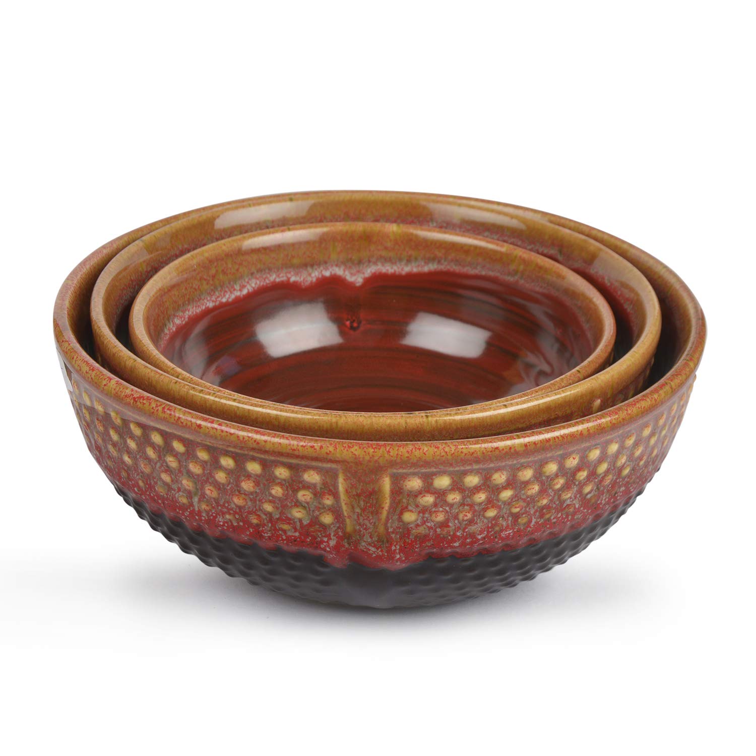 Studio Pottery Ceramic Serving Bowls Set Of 3 - 1700ml+900ml+400ml, Crimson Red & Black | Dinner Serving Set - Stackable Kitchen Set