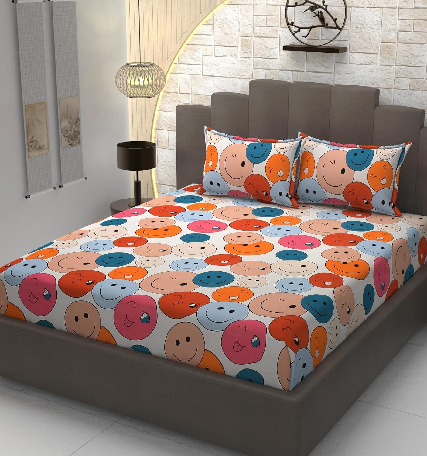 Premium Heavy Cotton Elastic Fitted King Size Bedsheet With 2 Pillow Covers - 72 X 78 X 10 Inches, Multicolor | All Weather Comfort & Bedroom - Softness & Natural Breathability